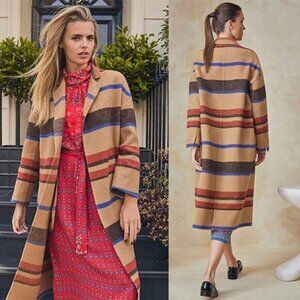 NEW Hunter Bell Cambridge Camel Striped Midi Wool Blend Coat Jacket Size: Medium